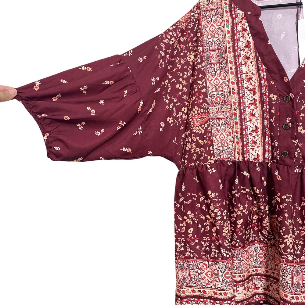 BloomChic Burgundy Boho Floral Babydoll Tunic Top Puff Sleeve Plus SZ 18-20 NWT - Picture 3 of 8